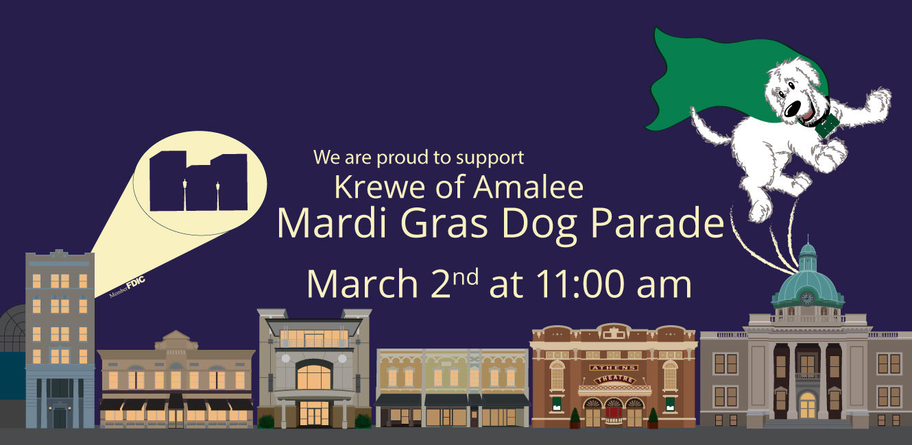 Graphic of Downtown DeLand to promote Mardi Gras Dog Parade March 2nd