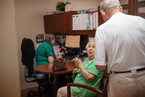 Two Mainstreet Community Bank customers chat at John Knox Village branch